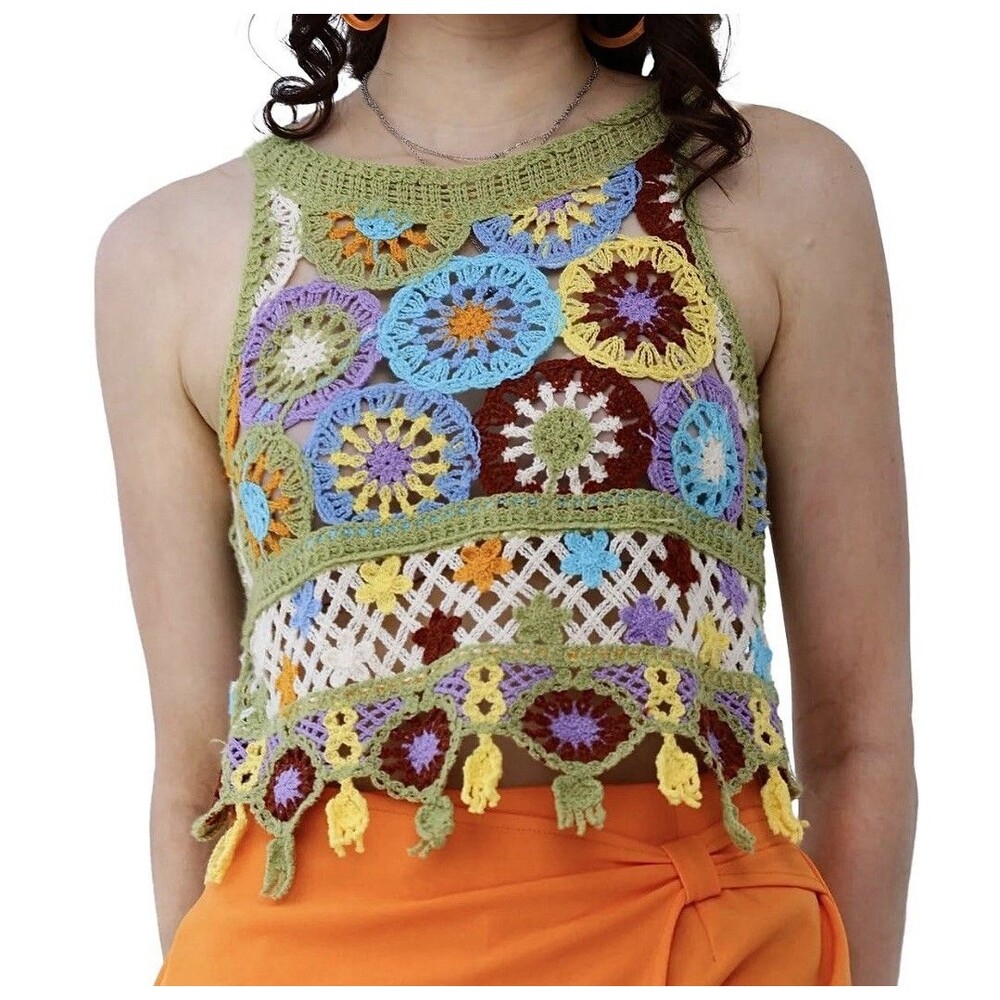 Crochet Cropped Tank Top Open Knit Boho Pullover Women’s Jr Size M